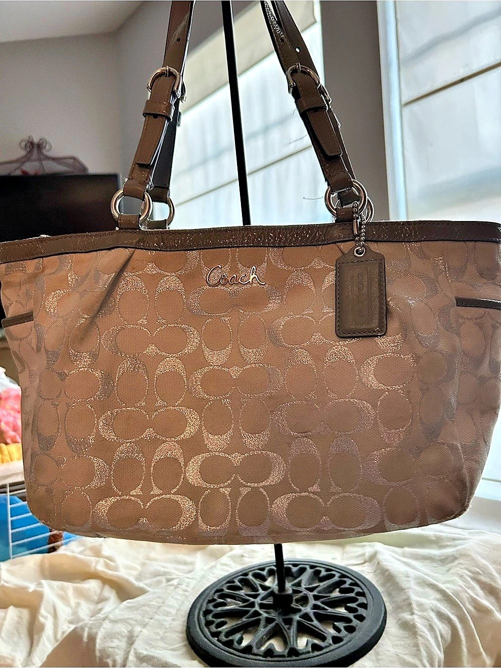 Coach Gallery Lurex Signature East West Tote Brown Monogram Tote